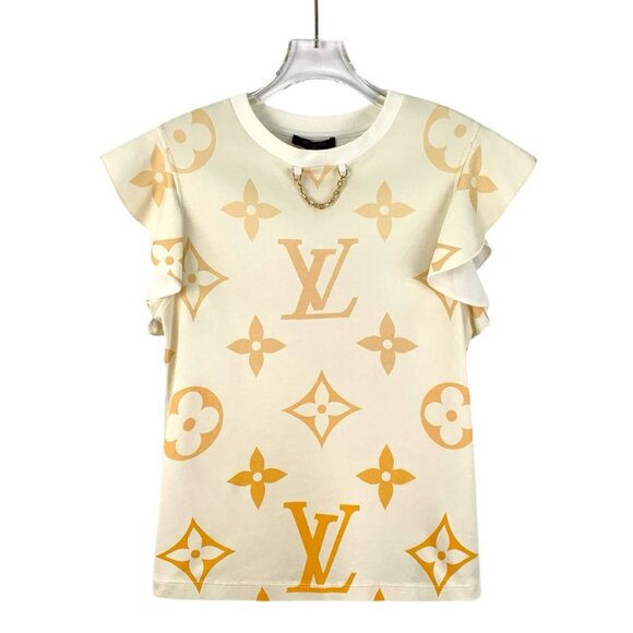 Louis Vuitton Beige Monogram Print Round-Neck Lace Sleeve Cotton T-Shirt S Made - Picture 1 of 7